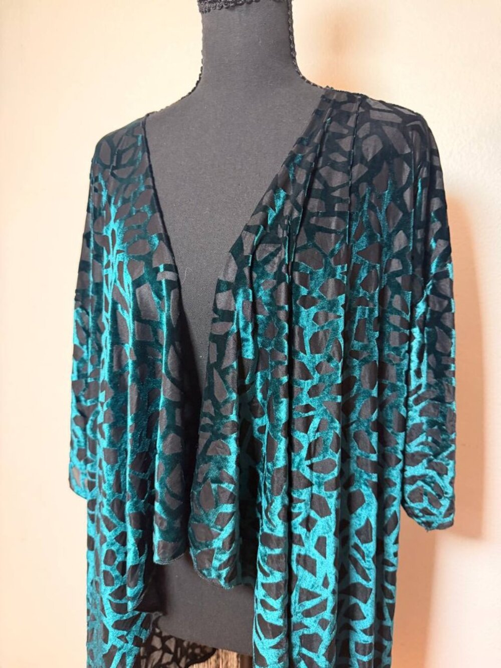 LulaRoe Teal Black Burnout Velvet Fringe Kimono Boho Festival Duster Large - Picture 2 of 9
